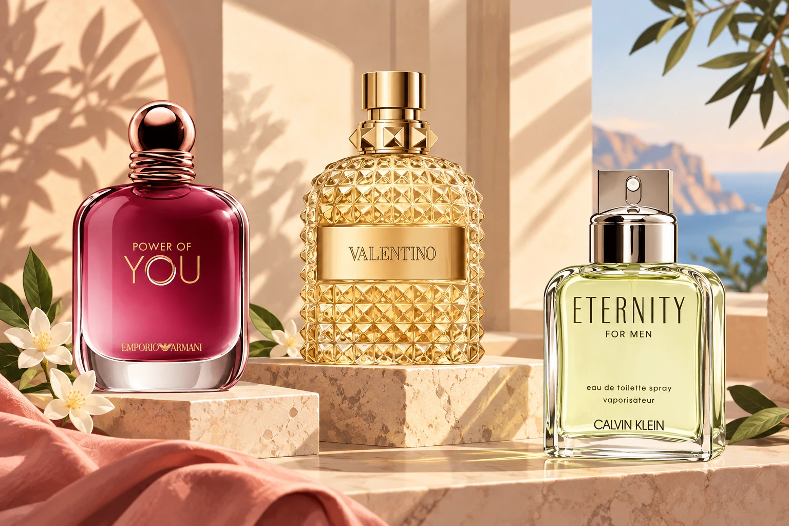 Three designer fragrances on a marble ledge: Emporio Armani Power of You, a studded gold Valentino bottle and Calvin Klein Eternity for Men