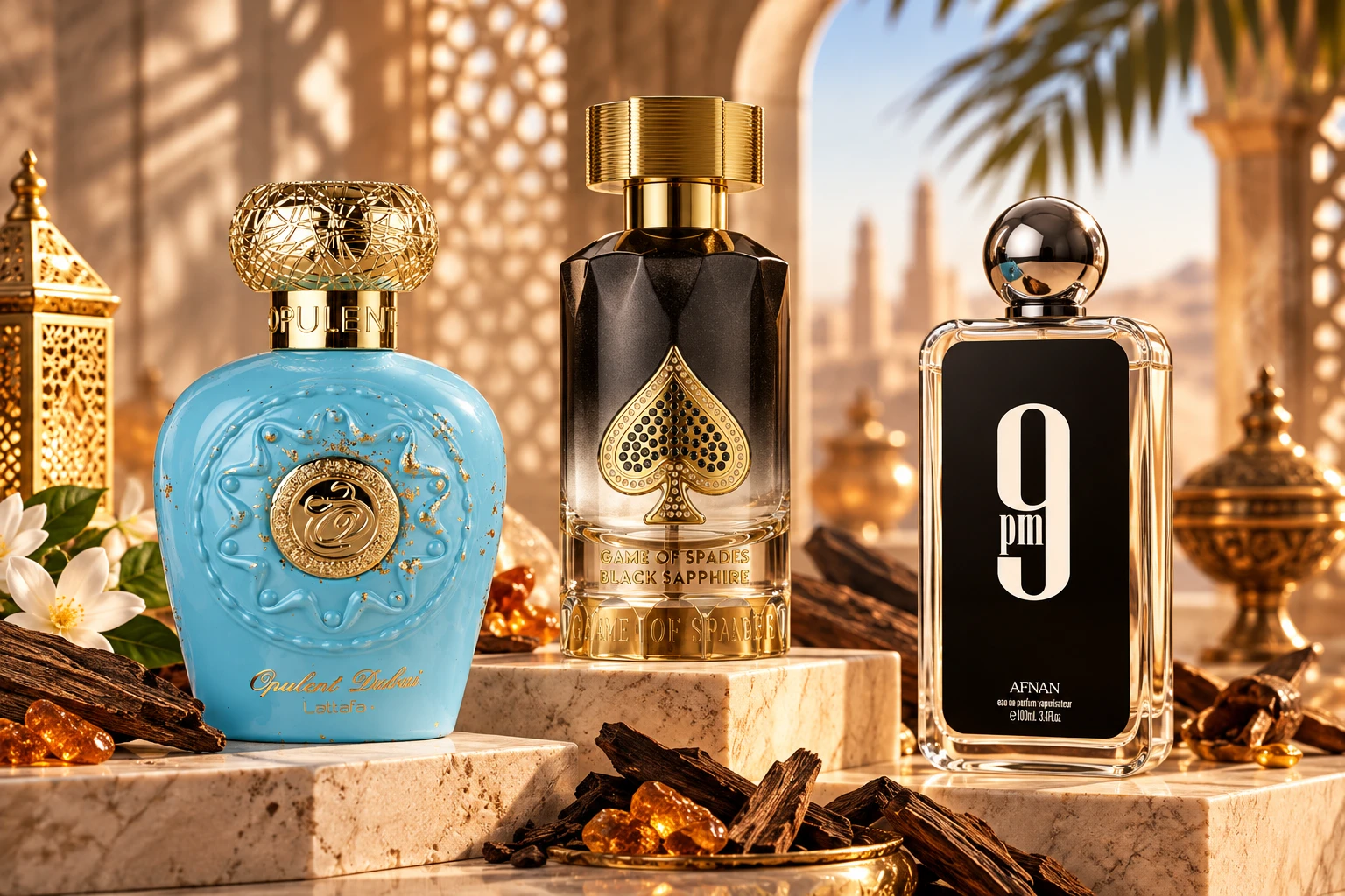 Affordable dupe-house favourites on marble: Lattafa Opulent Dubai, Game of Spades Black Sapphire and Afnan 9pm