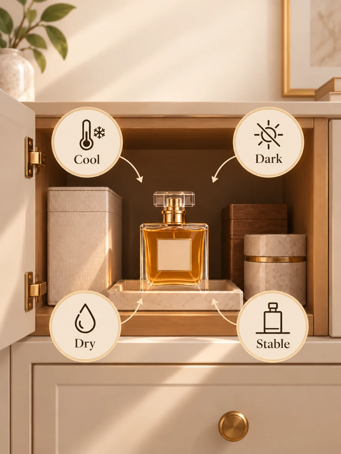 Elegant perfume storage: bottles standing upright in a dim, tidy cabinet, caps on, a few still in their boxes