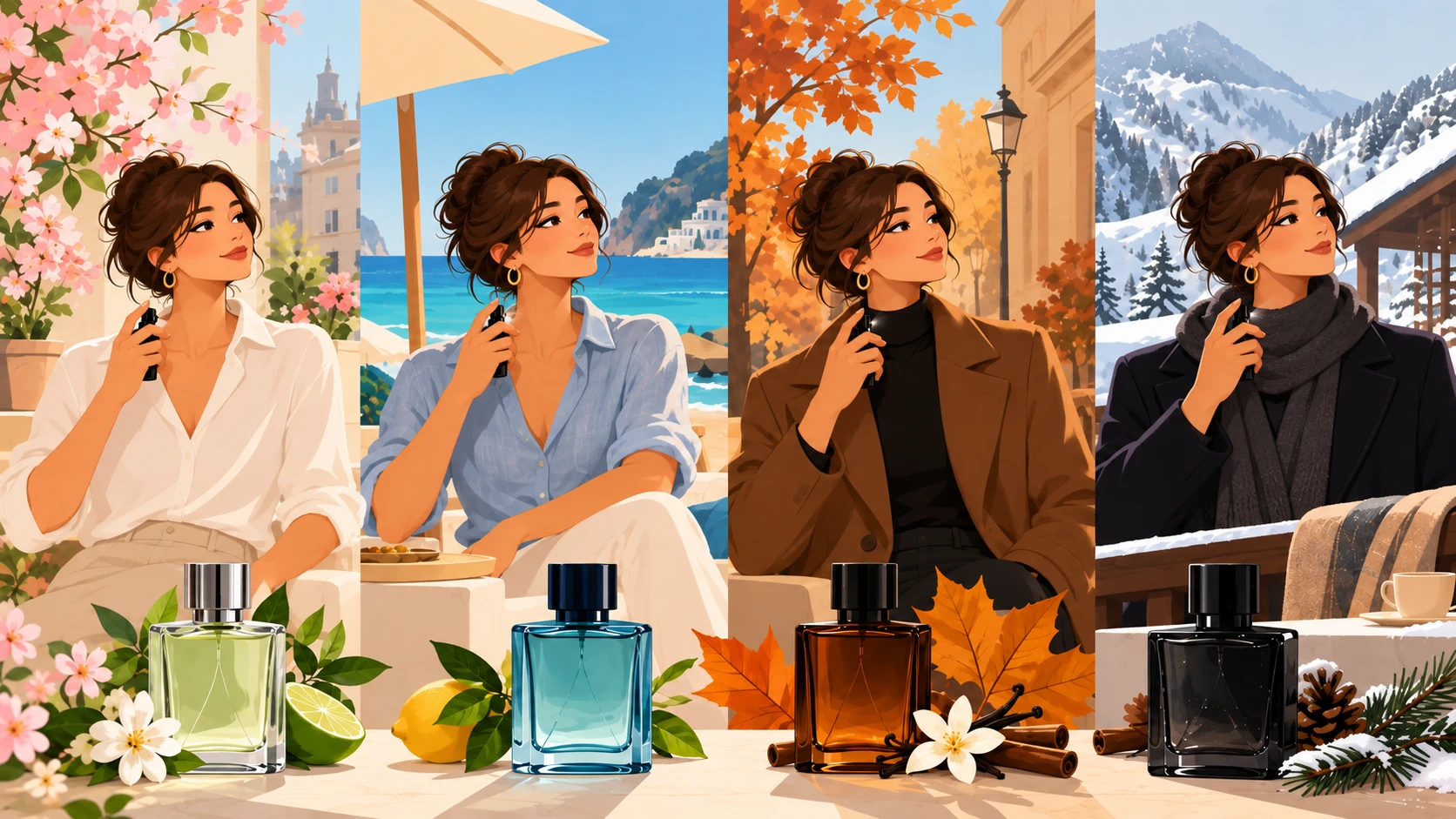 Four seasons of fragrance: the same woman spritzing a green floral bottle among spring blossom, a blue aquatic by the summer sea, an amber bottle under autumn leaves and a black woody bottle in the snow