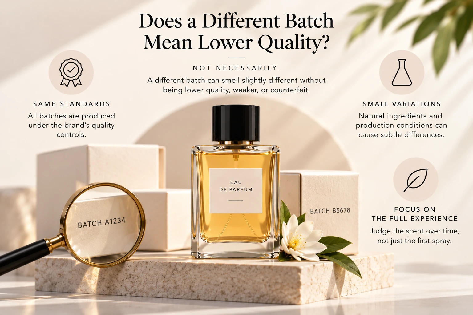 Does a different batch mean lower quality? Not necessarily: a bottle between boxes marked batch A1234 and batch B5678, with notes on same standards, small variations, and focusing on the full experience rather than the first spray
