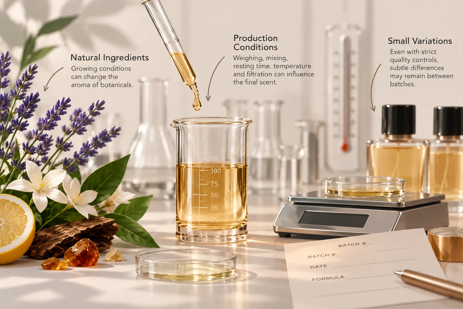 A perfume lab bench with lavender, citrus and resins, a beaker of fragrance oil, a scale and a batch record sheet, annotated: natural ingredients, production conditions, small variations