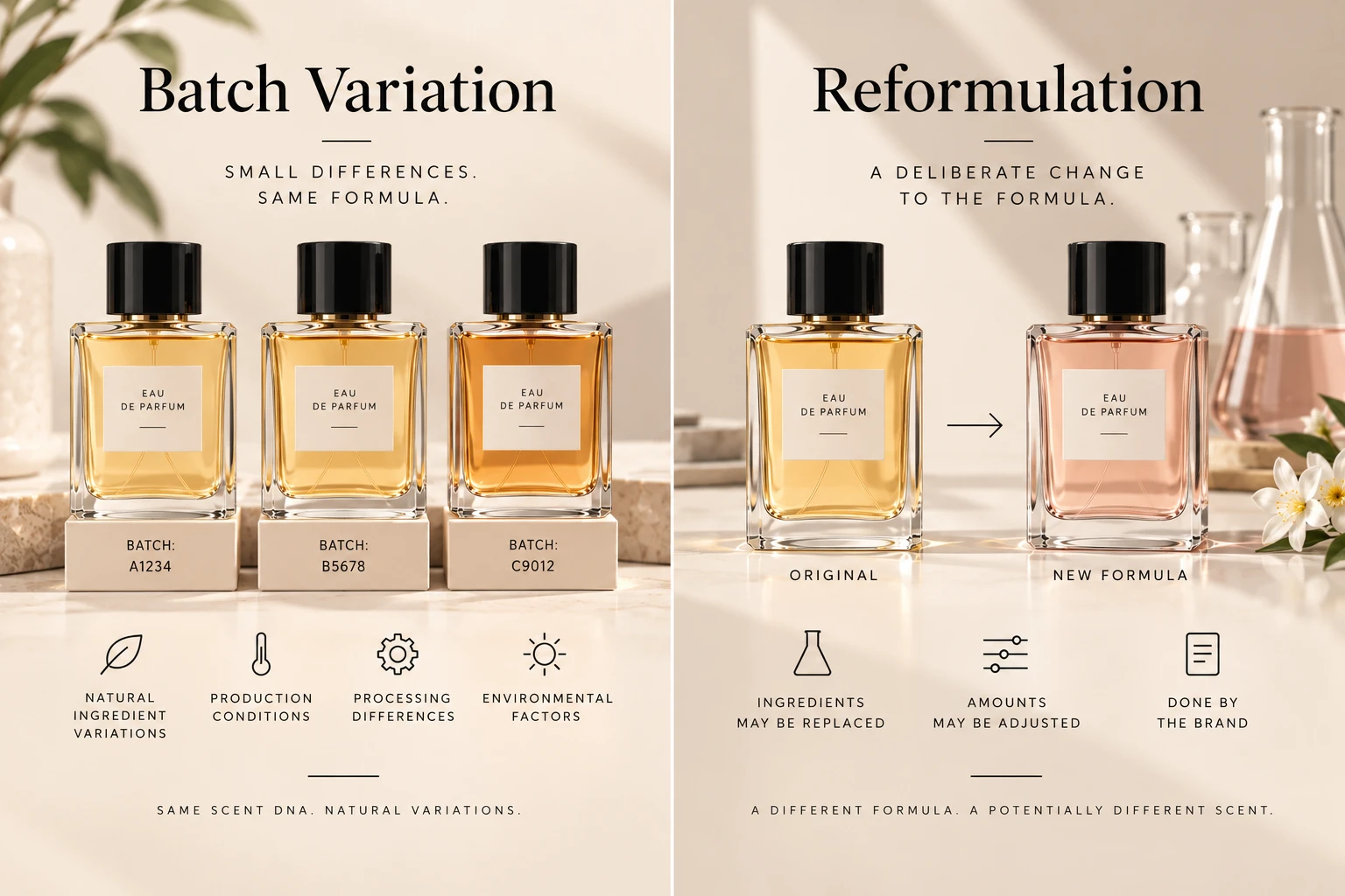 Batch variation versus reformulation: three bottles from batches A1234, B5678 and C9012 with the same formula and small differences, beside an original bottle and a new-formula bottle showing a deliberate change to the formula