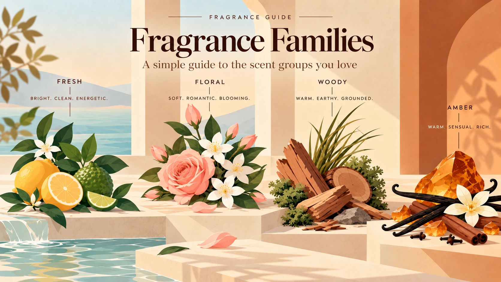 Fragrance Families: a simple guide to the scent groups you love. Fresh (lemon, bergamot, lime), Floral (rose, jasmine), Woody (sandalwood, vetiver, moss) and Amber (amber resin, vanilla, cinnamon, clove)