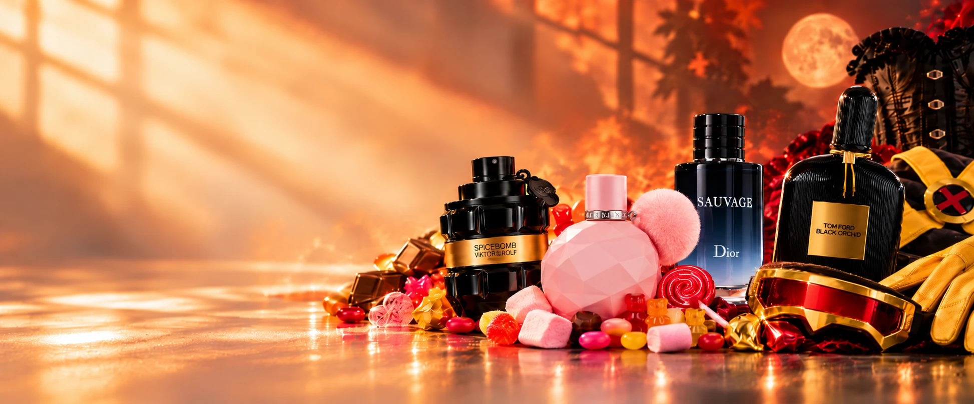 Viktor & Rolf Spicebomb, Ariana Grande Sweet Like Candy, Dior Sauvage and Tom Ford Black Orchid among Halloween candy and costume pieces under a harvest moon