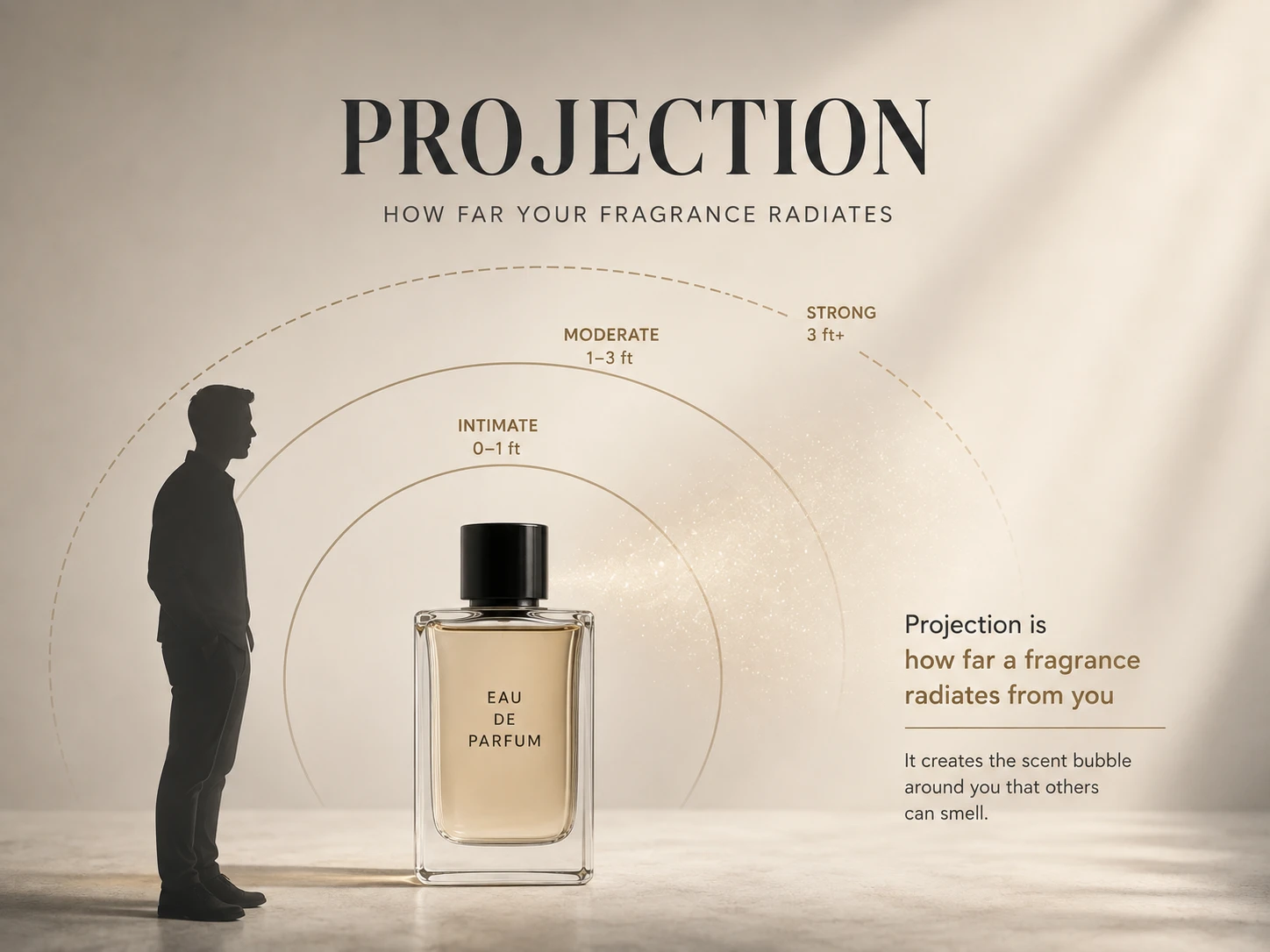 Projection — how far your fragrance radiates: the scent bubble around you, from intimate (0–1 ft) to moderate (1–3 ft) to strong (3 ft and beyond)