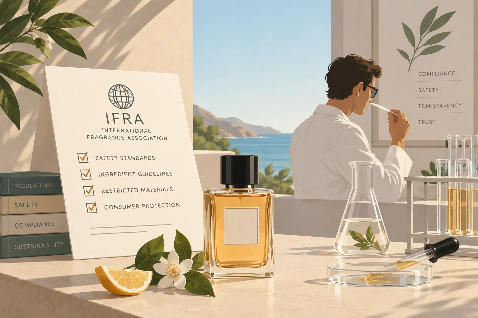 Fragrance safety standards in practice — an IFRA board listing safety standards, ingredient guidelines, restricted materials and consumer protection beside a perfumer at work in a lab