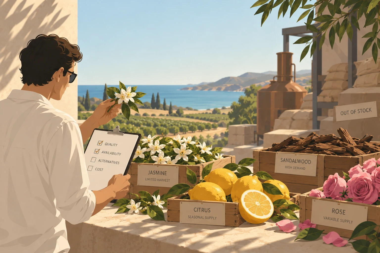 Sourcing raw materials — crates of jasmine marked limited harvest, citrus marked seasonal supply and rose marked variable supply, with a sandalwood crate marked out of stock, beside a checklist of quality, availability, alternatives and cost