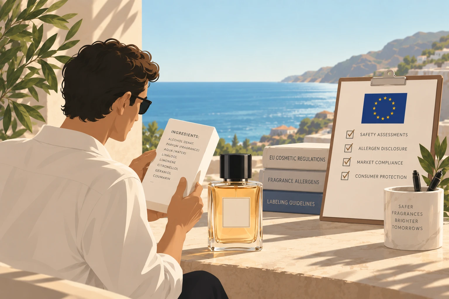 Cosmetic regulations at work — an EU ingredient list being read beside a board covering safety assessments, allergen disclosure, market compliance and consumer protection, with books on EU cosmetic regulations, fragrance allergens and labeling guidelines