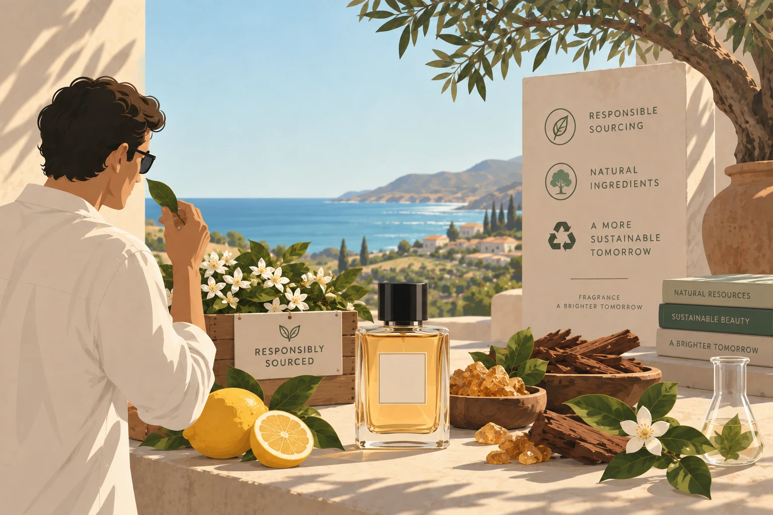 Responsible sourcing — a perfumer beside a bottle and raw materials, with a board reading responsible sourcing, natural ingredients and a more sustainable tomorrow