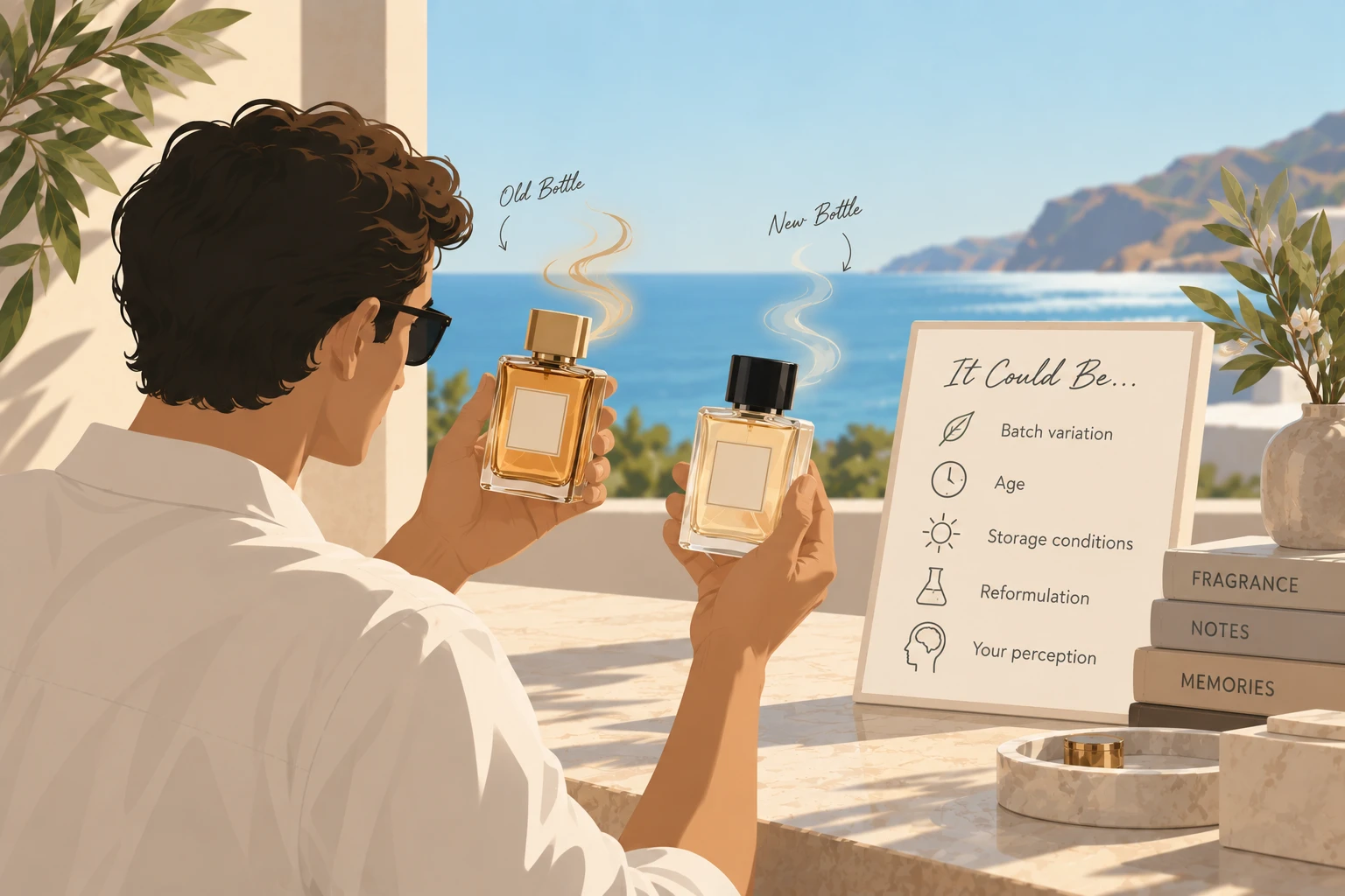 Comparing an old bottle with a new one — a board lists what the difference could be: batch variation, age, storage conditions, reformulation, or your own perception