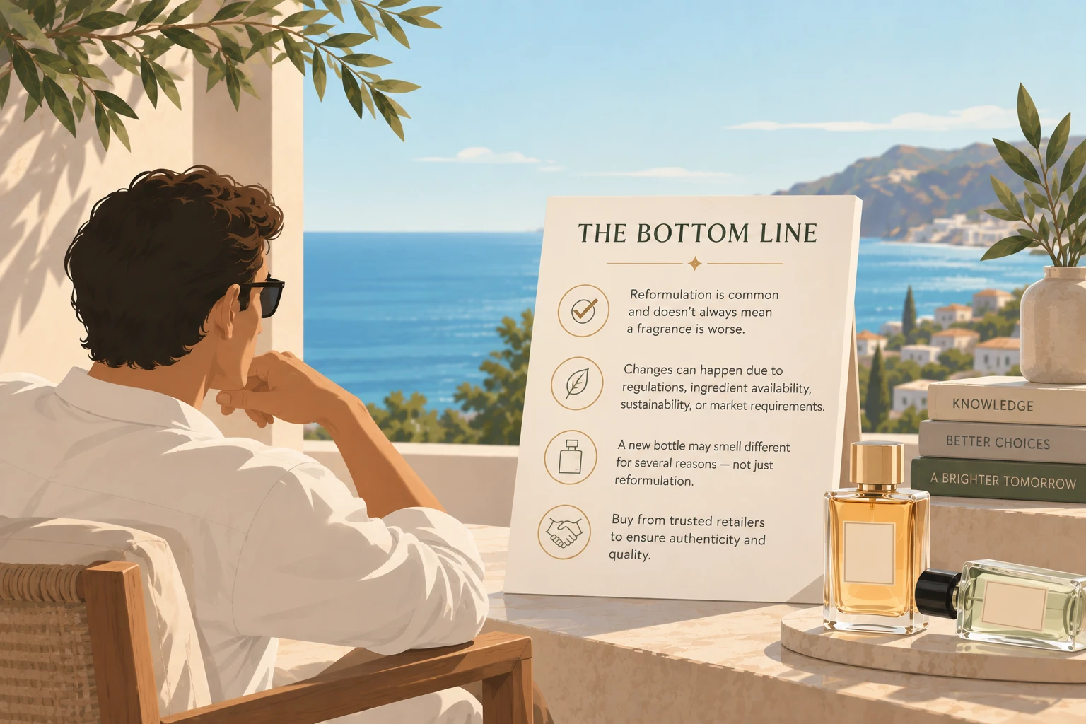 The bottom line — reformulation is common and doesn't always mean a fragrance is worse; changes can come from regulations, ingredient availability, sustainability or market requirements; a new bottle may smell different for several reasons; buy from trusted retailers