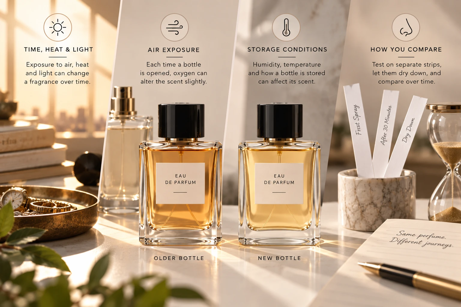 An older bottle and a new bottle of the same eau de parfum on a dresser, with four panels: time, heat and light; air exposure; storage conditions; and how you compare, using fragrance strips at first spray, after 30 minutes and dry down