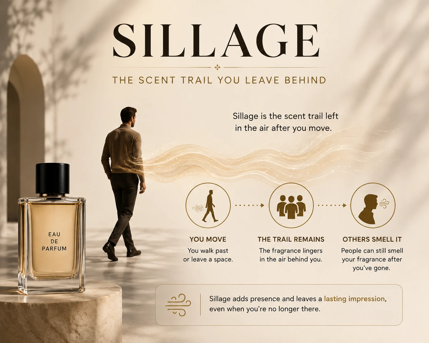 Sillage — the scent trail you leave behind: you move, the trail remains in the air, and others can still smell your fragrance after you've gone