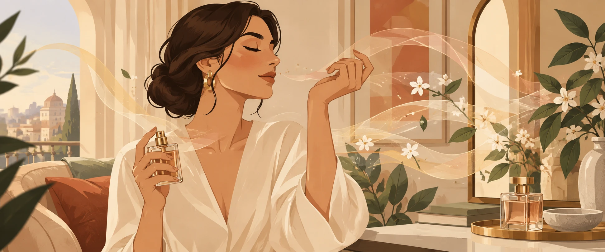 Going nose blind to fragrance: a woman sniffs her wrist while the scent trail from her bottle fades around her