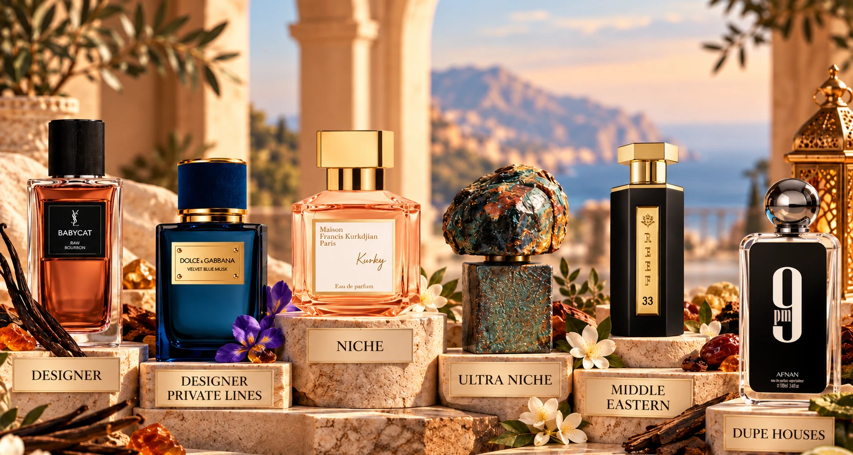 Golden-hour lineup of one bottle per category on labelled marble steps: Designer, Designer Private Lines, Niche, Ultra Niche, Middle Eastern and Dupe Houses