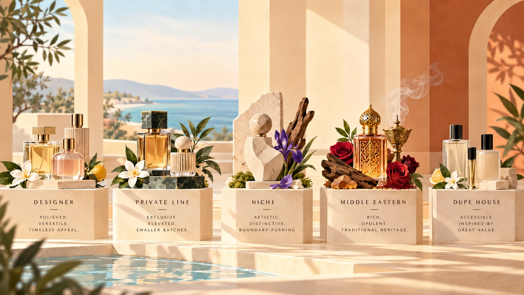 Understanding fragrance types: designer, private line, niche, Middle Eastern and dupe house bottles on five pedestals