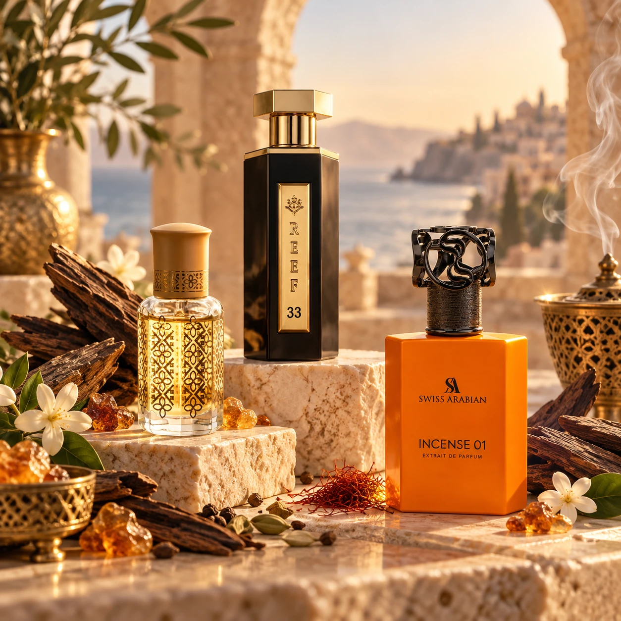 Middle Eastern fragrances with oud wood, amber resin and saffron: a decorated attar oil bottle, Reef 33 and Swiss Arabian Incense 01 beside a smoking brass incense burner