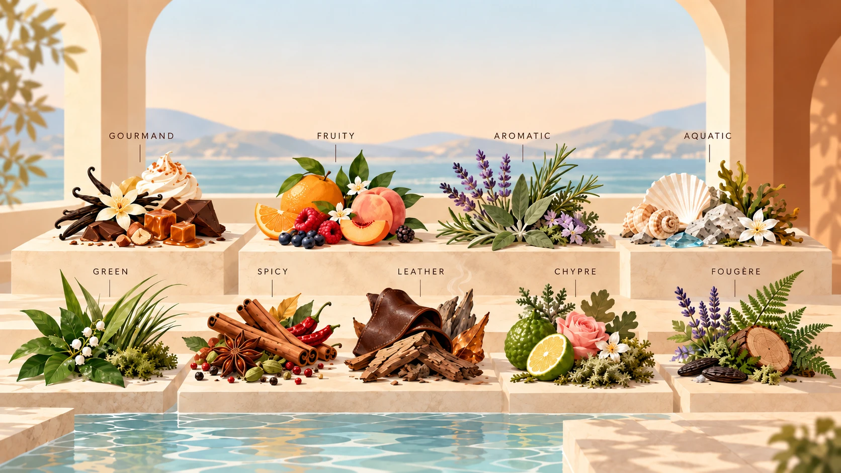 Nine fragrance styles on stone plinths: gourmand, fruity, aromatic, aquatic, green, spicy, leather, chypre and fougère, each shown with its typical ingredients