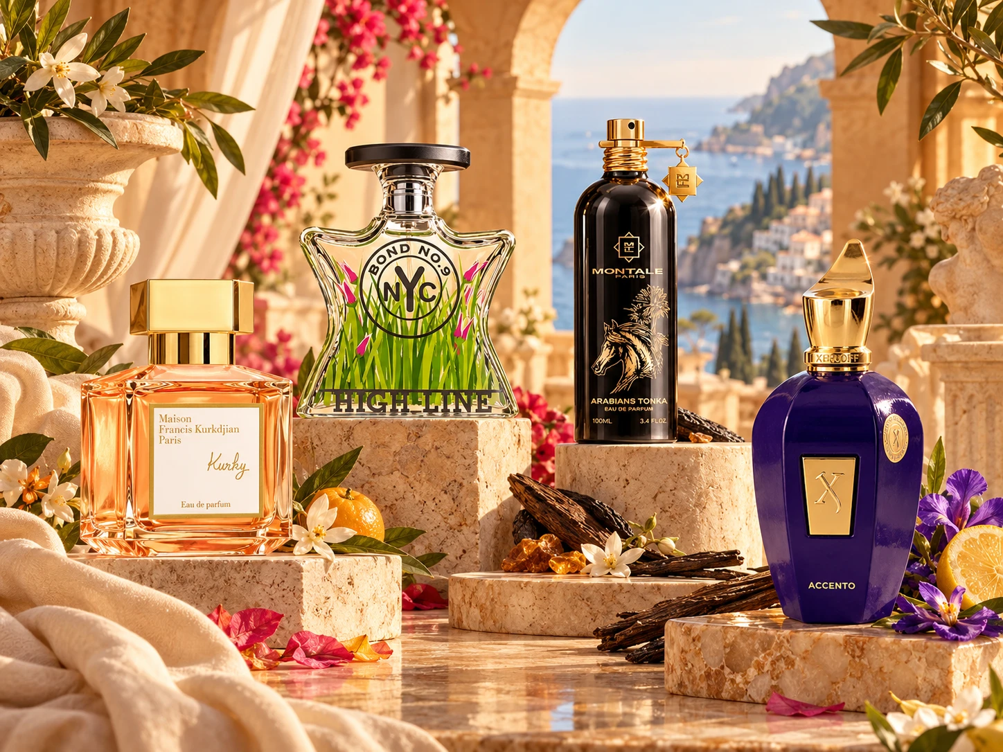 Four niche-house fragrances among flowers and raw materials: Maison Francis Kurkdjian Kurky, Bond No. 9 High Line, Montale Arabians Tonka and Xerjoff Accento