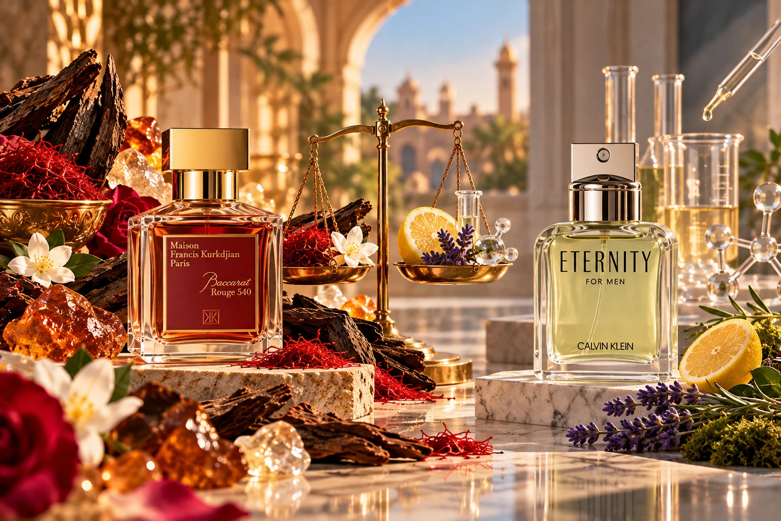 Maison Francis Kurkdjian Baccarat Rouge 540 beside Calvin Klein Eternity for Men, with a brass balance scale, raw materials and lab glassware between them