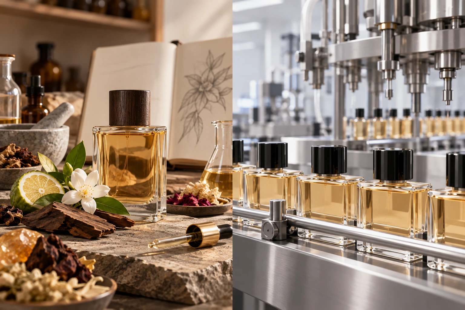 Split scene: an artisan perfumer's bench with raw botanicals, a mortar and a sketchbook on the left; an automated filling line of identical bottles on the right