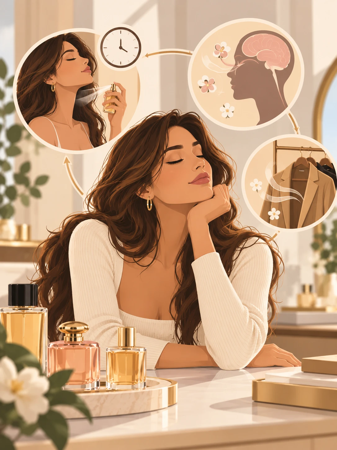 Nose blindness goes away: after a breath of fresh air outdoors, a woman catches her own perfume again and smiles