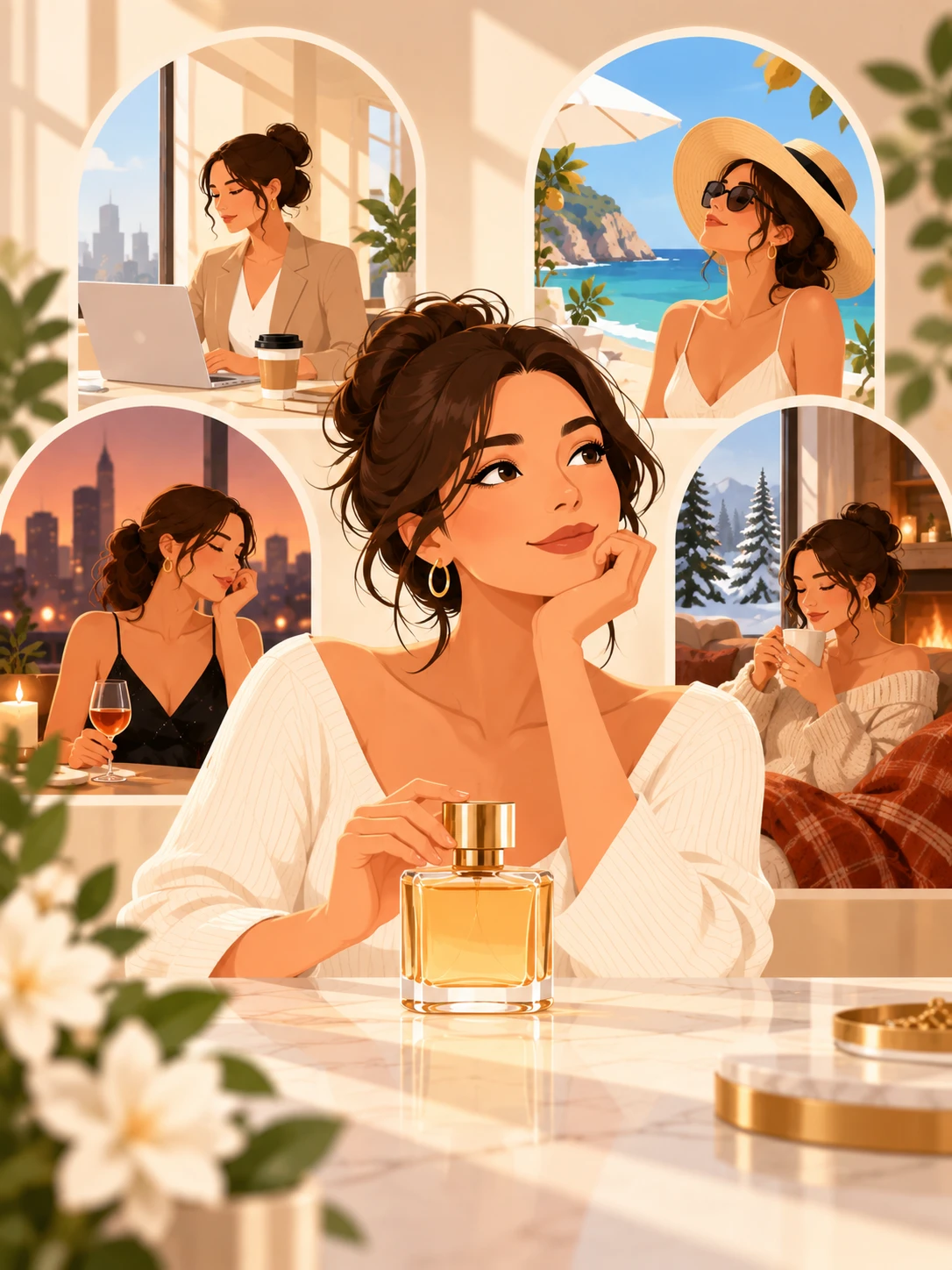 A woman rests her hand on a single golden bottle while four arches behind her show the same scent at work, on a summer beach, at a city dinner and curled up by a winter fire