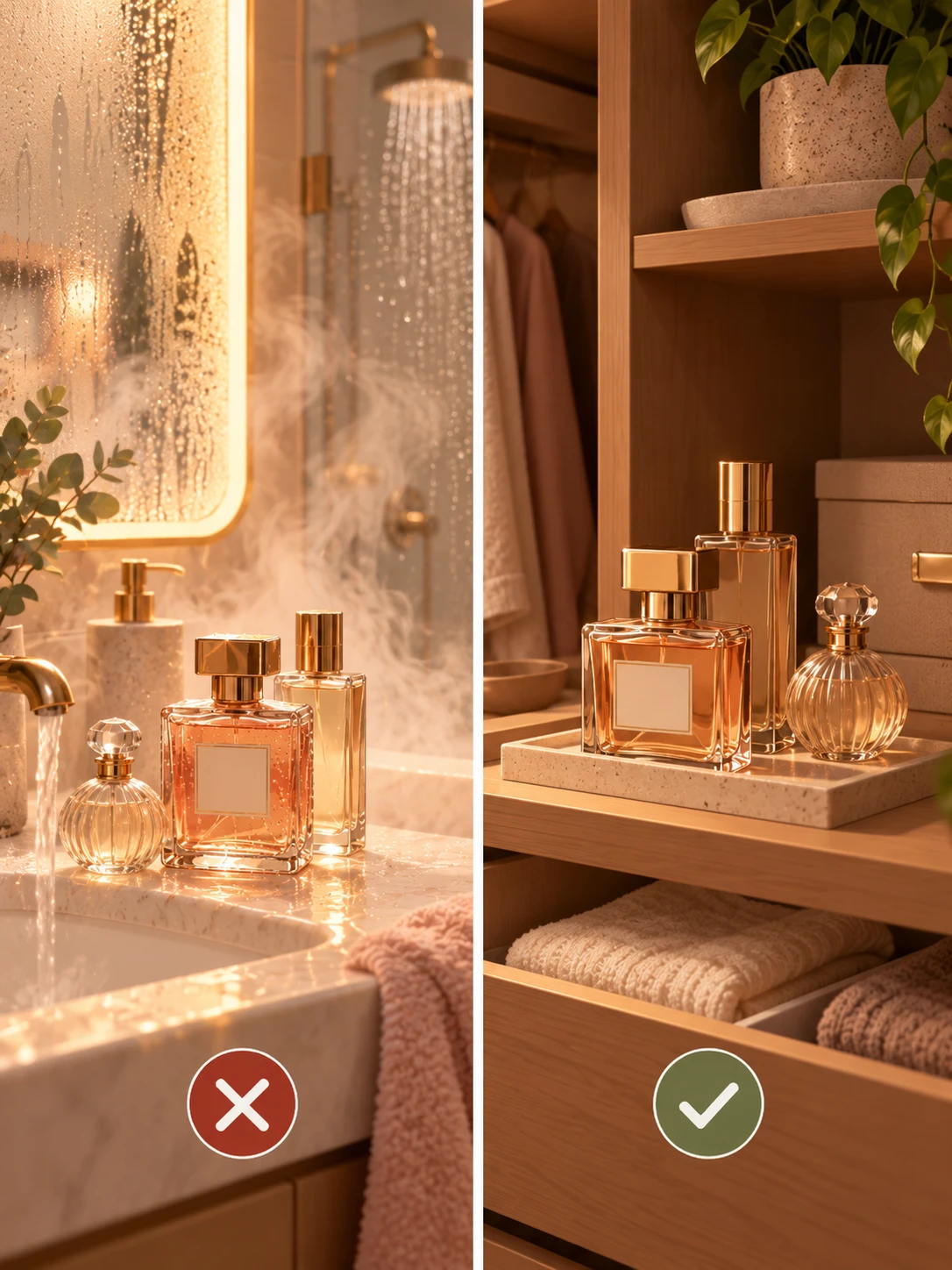 Perfume storage, bathroom versus closet: bottles fogged by shower steam on a bathroom shelf beside the same bottles dry and shaded in a closet