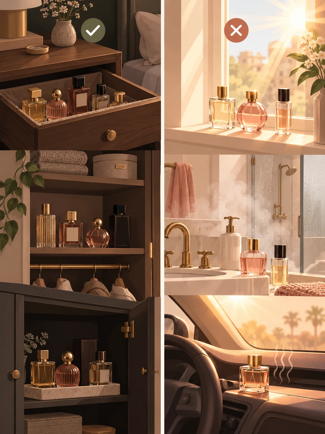 Perfume storage, cool versus hot: the same bottle kept in a cool, dim drawer on one side and beside a radiator under a sunny window on the other