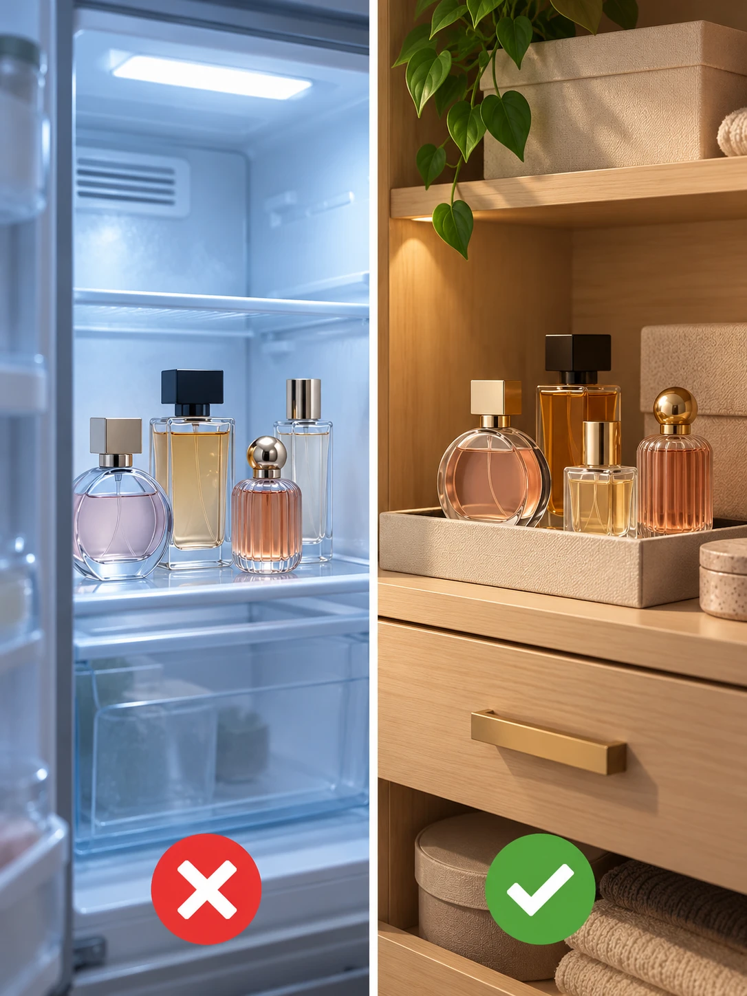 Perfume storage, don't chill, organize wisely: a bottle crowded onto a refrigerator shelf beside bottles neatly arranged in a cool cabinet