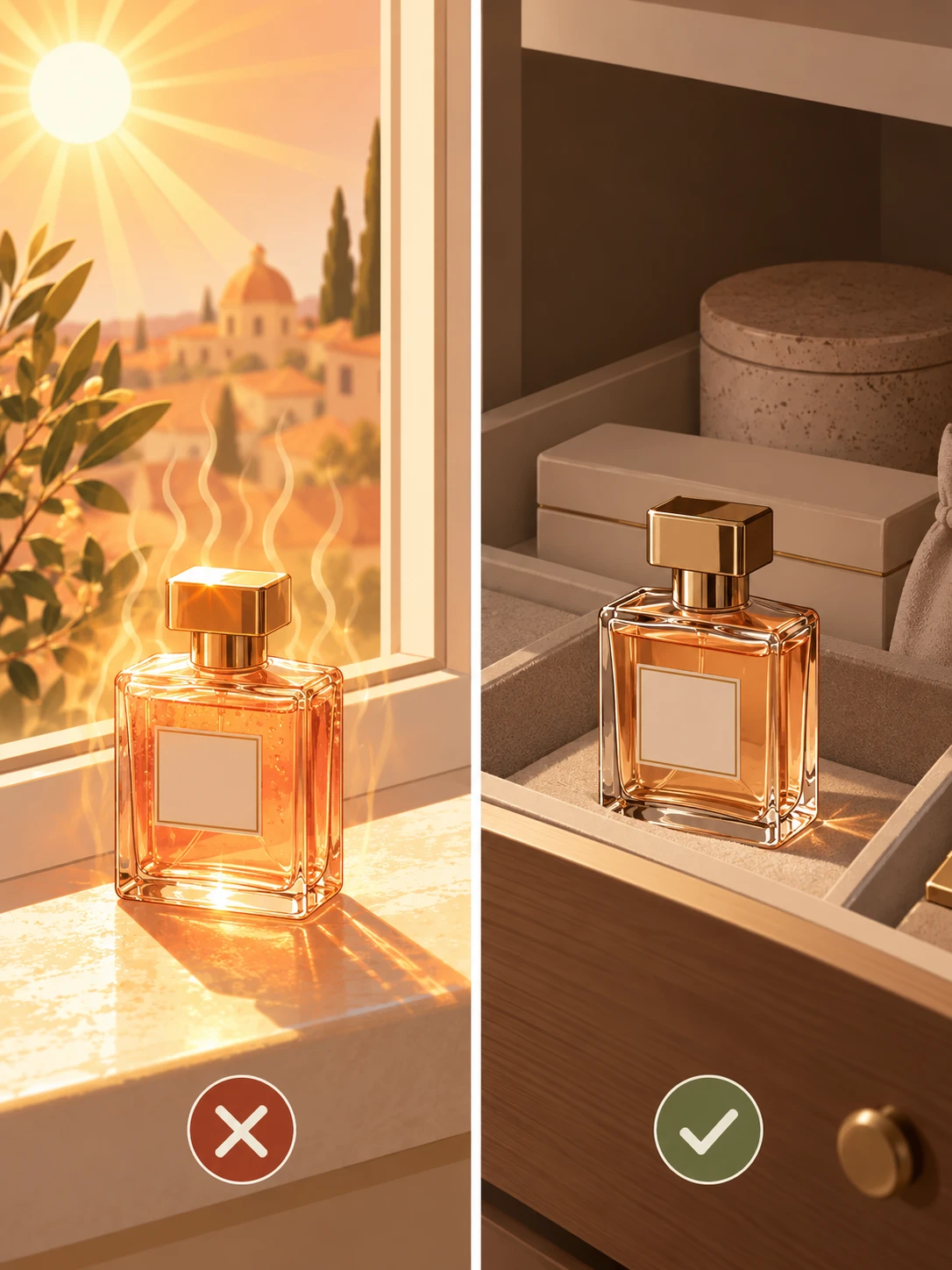 Perfume storage, sunlight versus shade: a bottle baking on a bright windowsill beside one resting in the shade of a cabinet