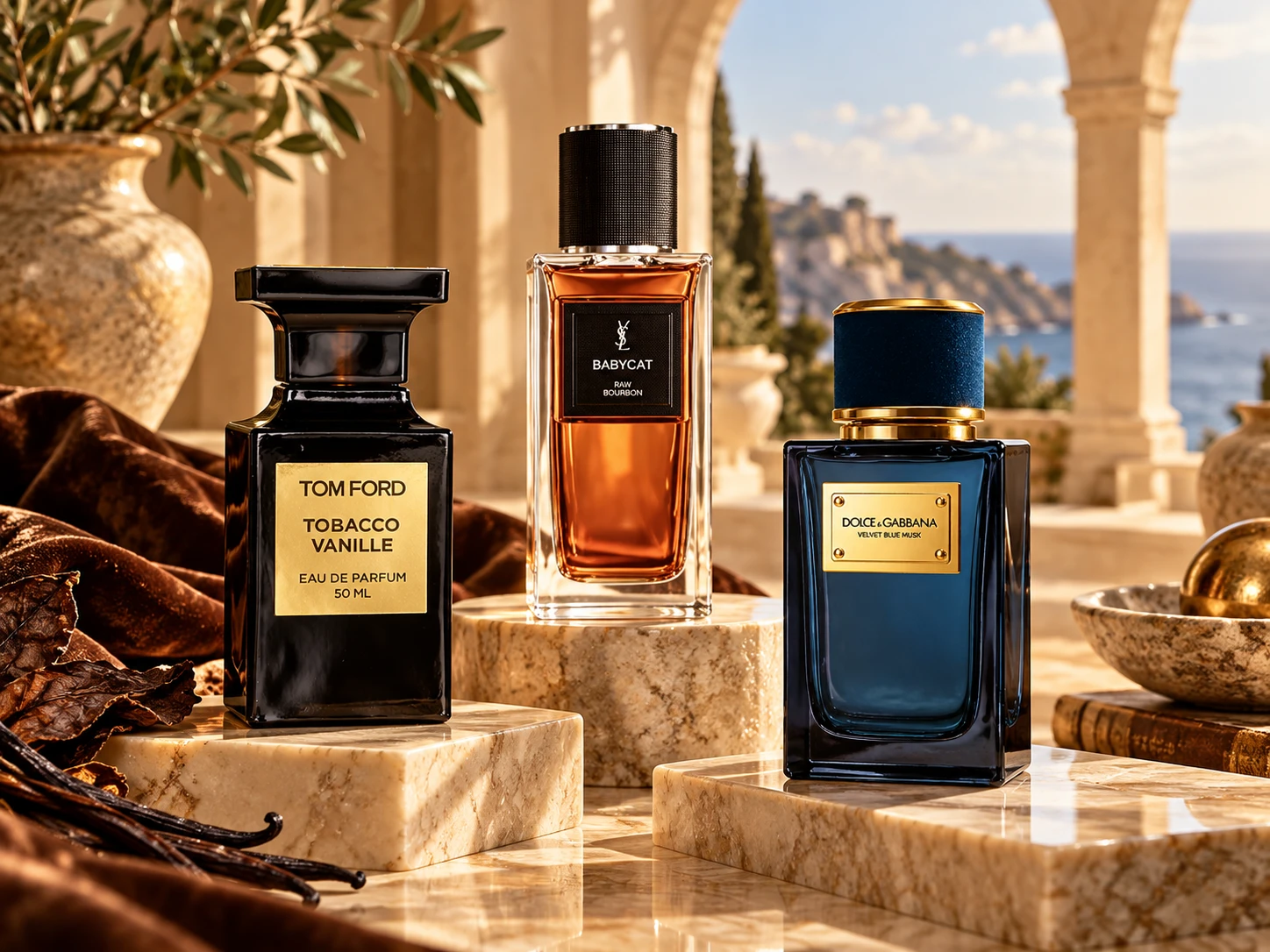 Three designer private-line bottles: Tom Ford Tobacco Vanille, YSL Le Vestiaire Babycat and Dolce & Gabbana Velvet Blue Musk