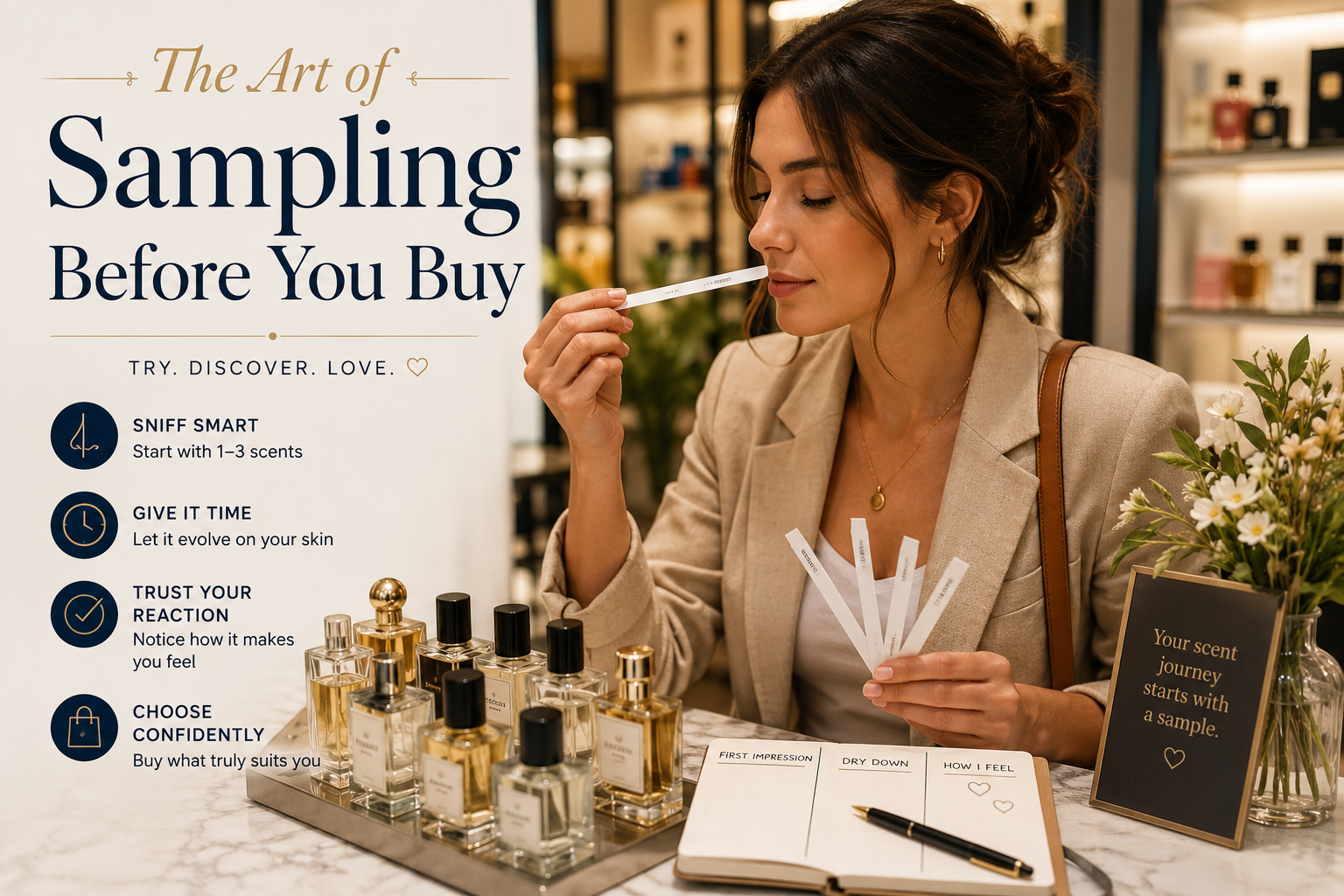 Sample vials and decants laid out before a full-bottle purchase