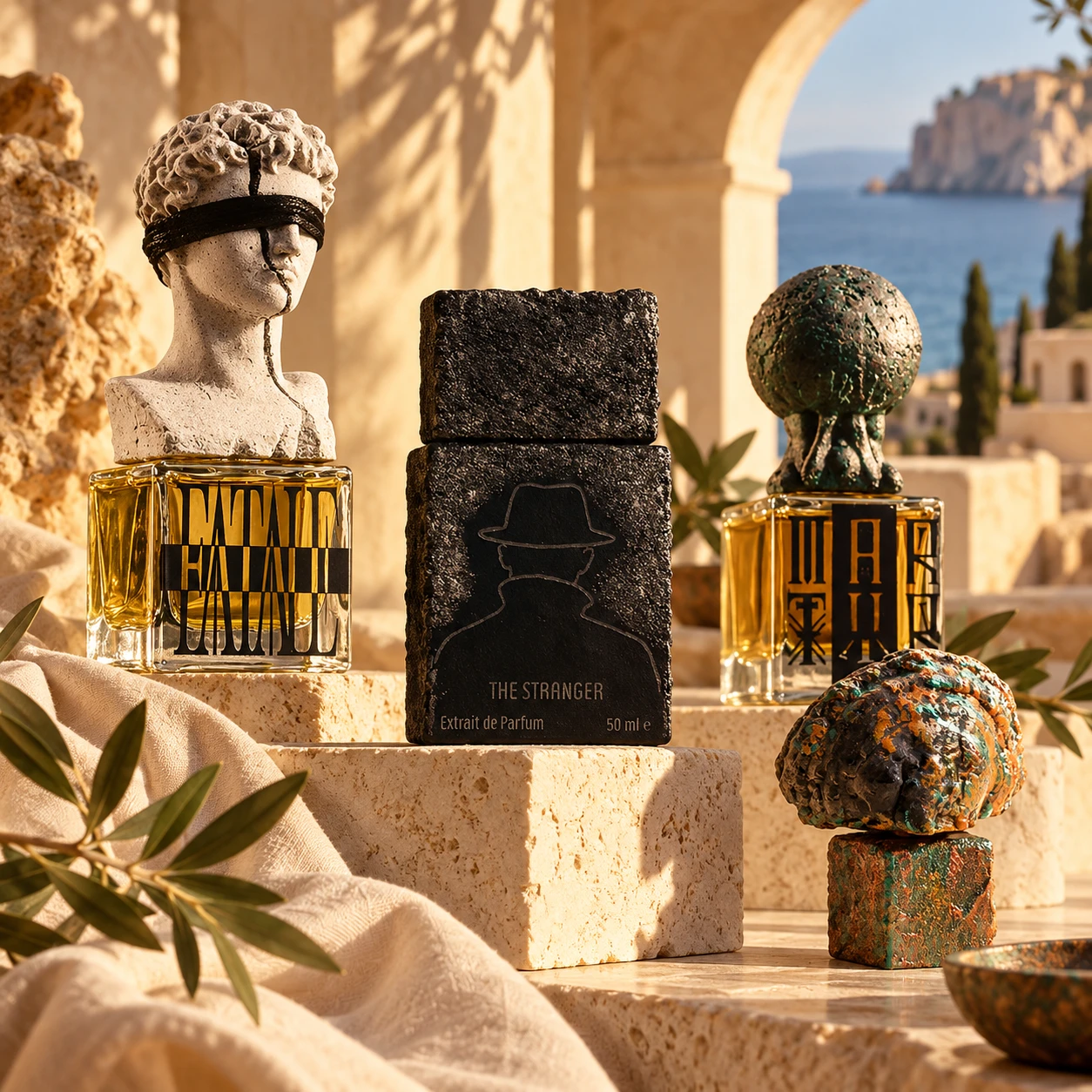 Sculptural ultra-niche bottles: a blindfolded plaster bust cap, a rough black-stone extrait flacon and a verdigris bronze-crowned bottle on travertine blocks