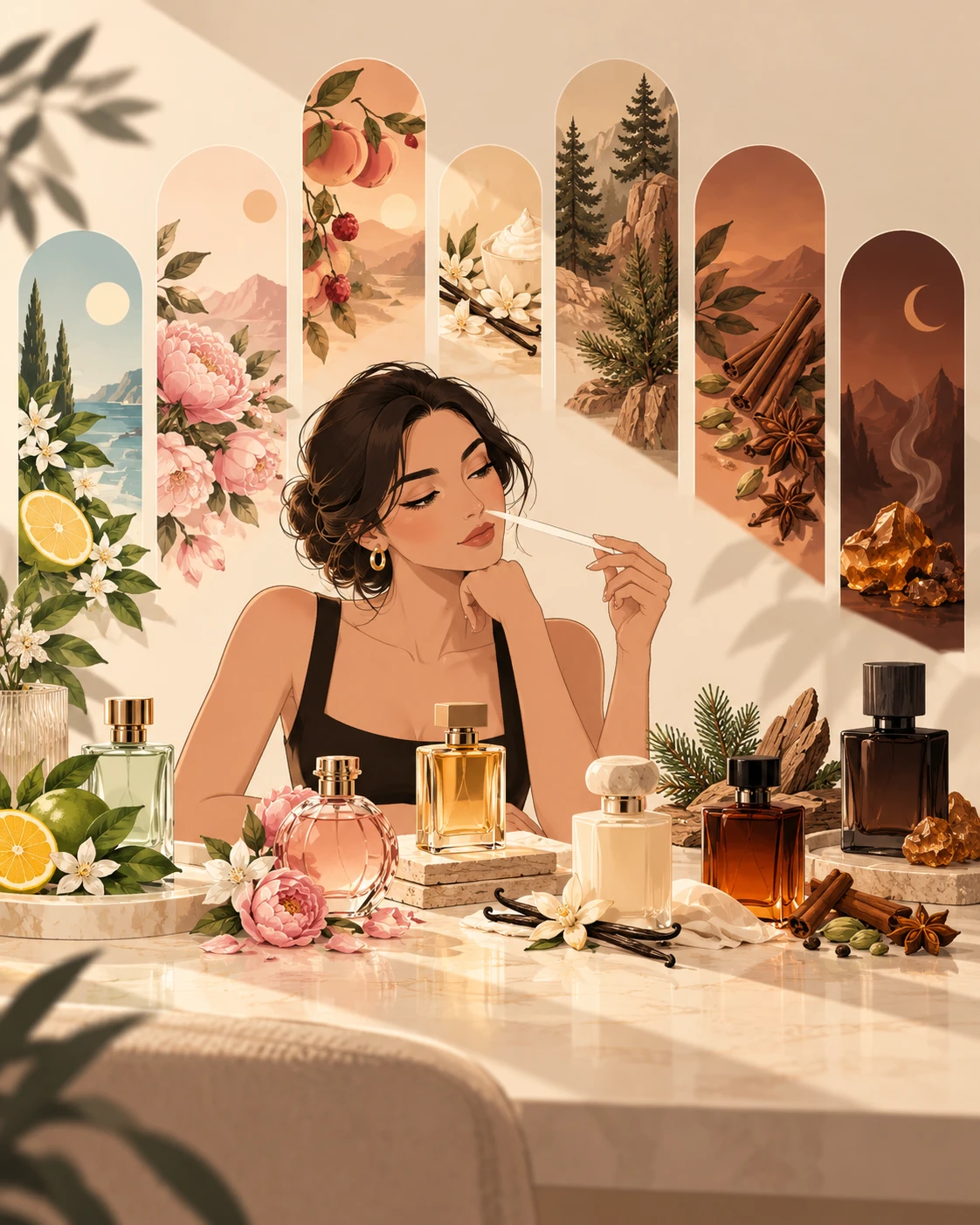 A woman smells a blotter strip in front of seven arches, one per scent family from fresh citrus and peony through vanilla, pine, spice and amber, with a matching bottle for each on the counter