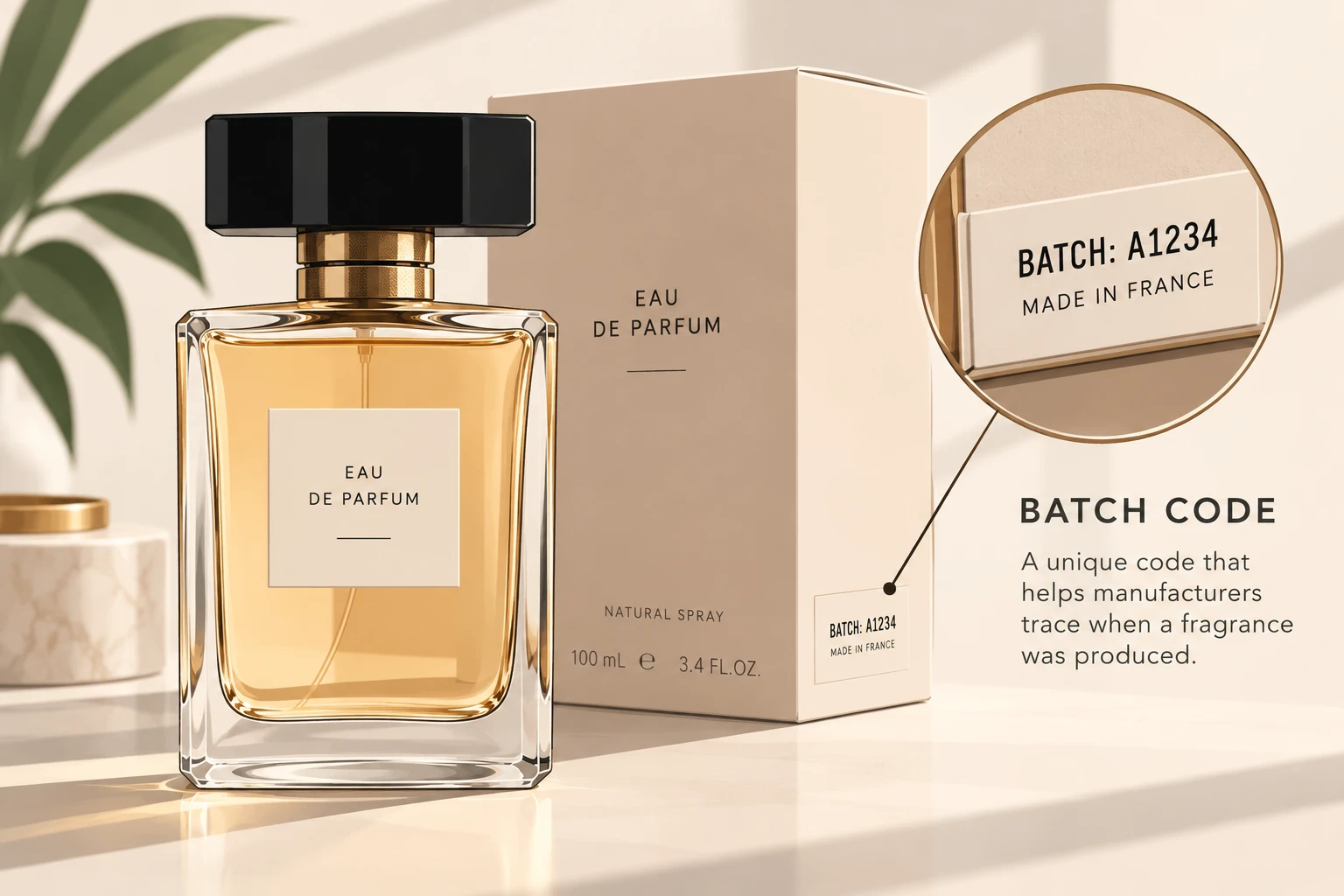 A bottle of eau de parfum beside its box, with the batch code printed on the box magnified: a unique code that helps manufacturers trace when a fragrance was produced