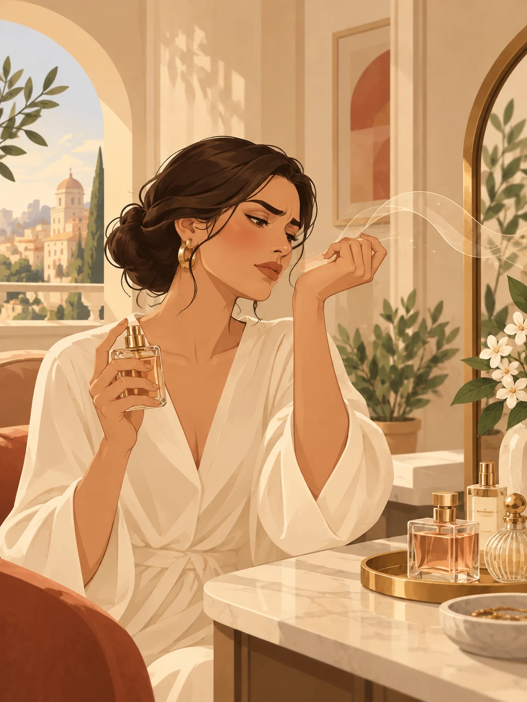 Why can't I smell my perfume anymore: a woman checks her neck for scent beside her bottle, the four reasons her nose has tuned it out pictured around her