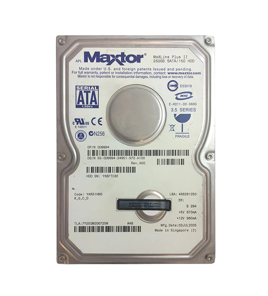 0D9994 - Dell 250GB SATA 3Gb/s 7200RPM 3.5" Hot-Plug HDD