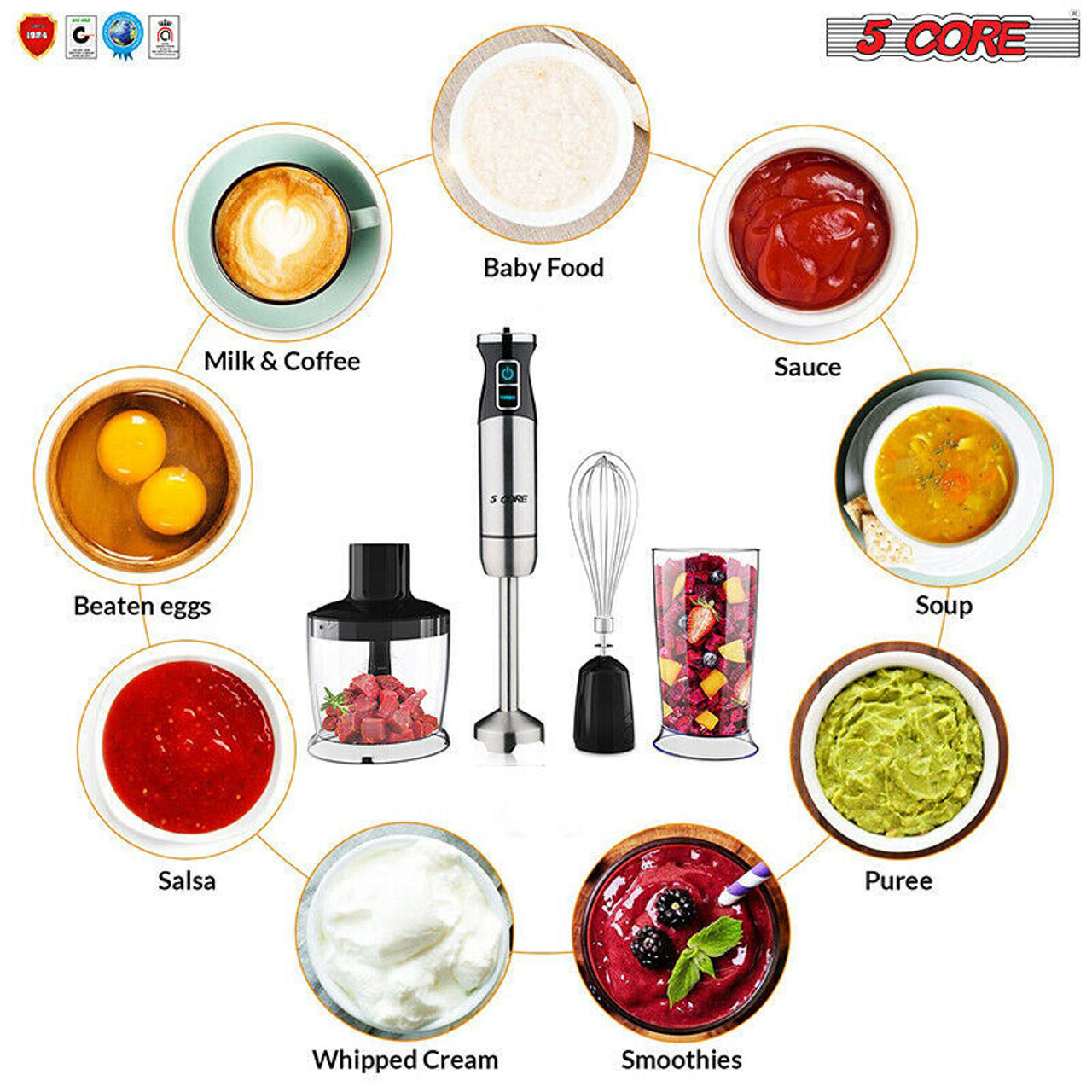 5 Core Immersion Hand Blender 500W Multifunctional Powerful Electric  Handheld Blender 8 Variable speed Emersion Hand Mixer Stick BPA Free HB  1510 RED