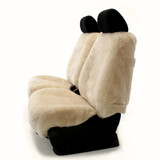 Tailor-made Sheepskin Seat Covers shown on a bench-style front seat, plush custom fit with full coverage.