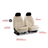 Infographic showing Tailor-made Sheepskin Seat Covers with open-back design, side airbag/heated seat compatible, straps and buckles.