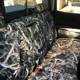 Bonz Waterproof Camo Seat Covers rear bench seat installed, waterproof camo seat cover with seat belt access.