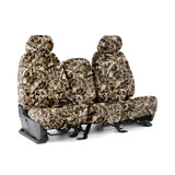 Bonz Waterproof Camo Seat Covers full set shown on seats, waterproof camo fabric with headrest covers and full coverage.