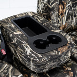 Realtree Waterproof Camo Seat Covers center console cover with cupholder/storage opening and camo trim.