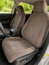 Velour Seat Covers installed on front seats in a vehicle, soft velour fabric with a tailored fit and everyday protection.