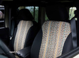 Saddle Blanket Seat Covers installed on front seats (Sport Tan), woven saddle blanket center panels with custom fit.