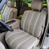 Saddle Blanket seat covers on truck front buckets, grey tan woven inserts with gold stripes over original tan bolsters.