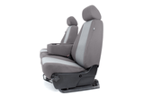 OEM Seat Covers rear/angled view showing tailored fit, rear storage pockets, and center console/cupholder access.