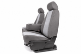 OEM Seat Covers rear/angled view showing tailored fit, rear storage pockets, and center console/cupholder access.